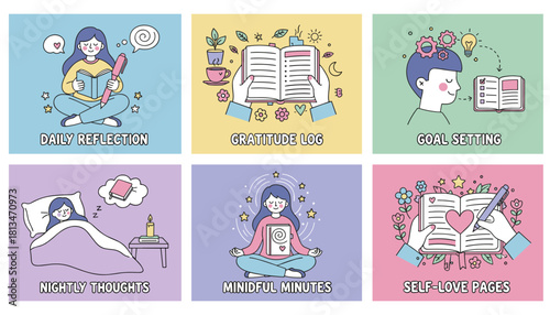 Six pastel illustrations showing selfcare concepts journaling gratitude goal setting mindfulness and reflection