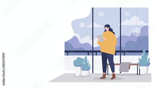 Cozy winter scene Woman using tablet indoors overlooking snowy mountains