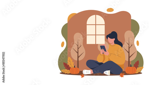 Cozy autumn leisure Woman scrolls on her phone surrounded by seasonal decorations