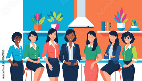 Diverse smiling business women team in a colorful modern office Female empowerment and collaboration