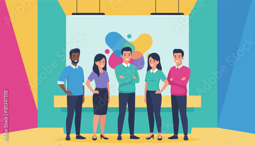 Diverse business team standing together in a creative modern office space showcasing collaboration