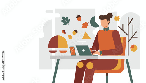 Remote worker planning seasonal marketing strategy using laptop amidst colorful autumn leaves