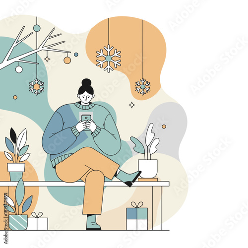 Sad woman using smartphone at home during holidays feeling lonely