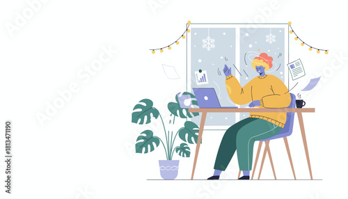 Overwhelmed remote worker feeling stress and dizzy confusion during a snowy deadline push