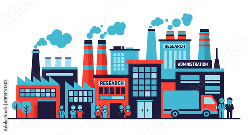 Flat design illustration of a corporate industrial complex with research labs and administration