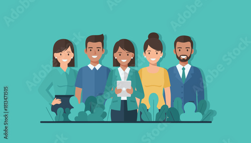 Diverse corporate team smiling representing partnership leadership and staff