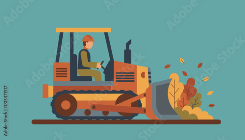 Bulldozer operator clearing autumn leaves Heavy machinery and fall cleanup vector illustration