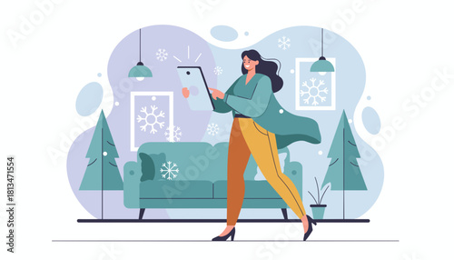 Happy woman using a tablet in a stylish winter living room Online shopping communication or seasonal app