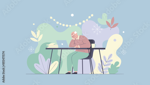Exhausted senior man works on laptop in a cozy winter setting Remote work fatigue