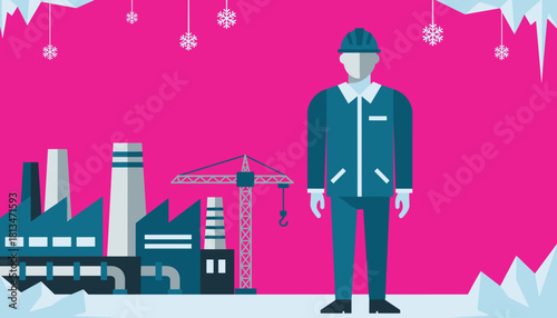 Flat illustration of industrial worker and factory structure in a cold snowy setting