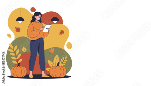 Woman using tablet in cozy autumnal setting with pumpkins Lifestyle shopping or working illustration