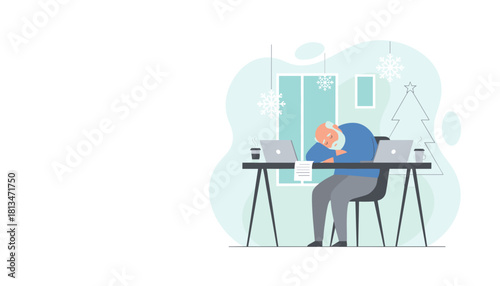 Elderly man asleep at his desk overwhelmed by work during the winter holidays