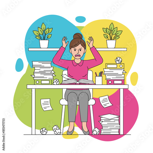 Angry stressed office worker surrounded by excessive paperwork and deadlines illustrating job burnout