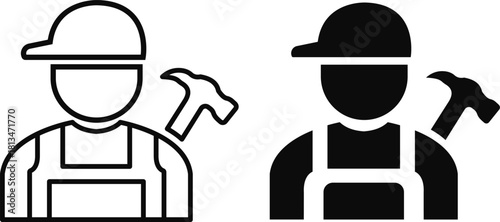 Construction worker icon set builder plumber painter welder engineer maintenance labor character vector pack, black and white and solid professional industry tool avatar symbols for service and repair