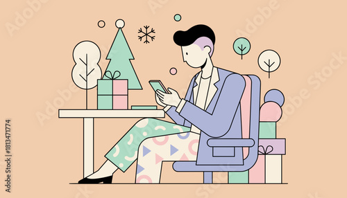 Man texting on phone near Christmas tree and gifts Holiday communication and online shopping illustration