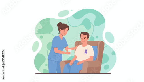 Caring nurse assists patient with purple ribbon symbolizing support and recovery from illness