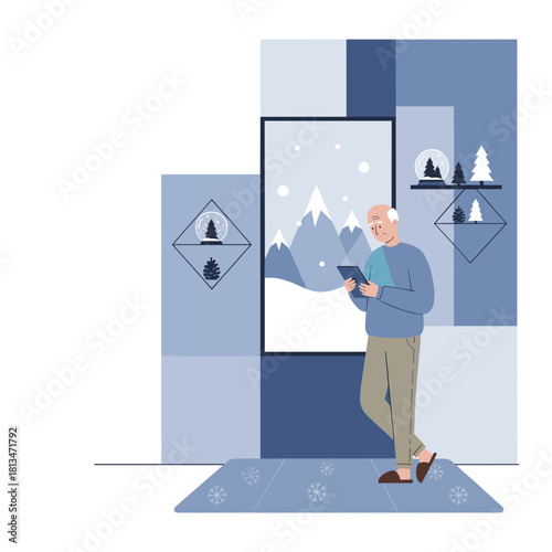 Illustration of a senior man using a tablet indoors with a snowy mountain view