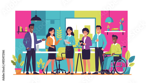 Diverse business team collaborating in a colorful modern office Inclusion and professional teamwork