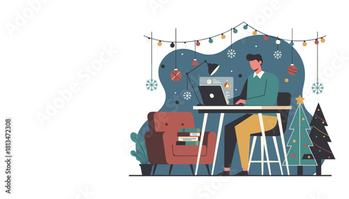 Working remotely during Christmas holidays Man uses a laptop at a festive home desk