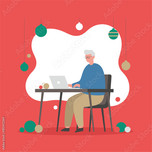 Senior working remotely on laptop surrounded by colorful Christmas ornaments Holiday productivity