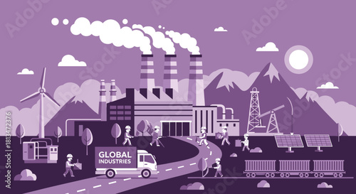 Global industry illustration factory production logistics oil solar and wind energy infrastructure