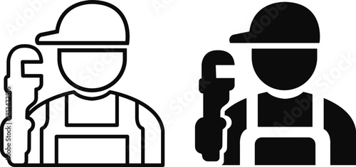 Construction worker icon set builder plumber painter welder engineer maintenance labor character vector pack, black and white and solid professional industry tool avatar symbols for service and repair