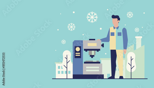 Factory worker operating machinery outdoors in winter snow Manufacturing industry concept