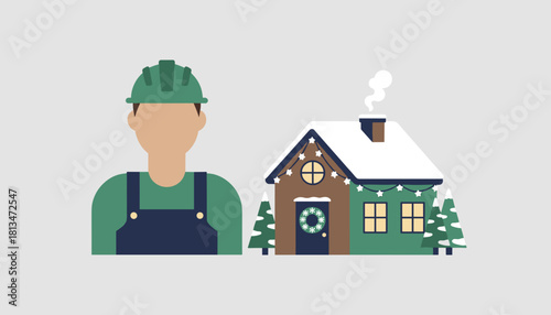 Construction worker icon next to a cozy winter home decorated for Christmas holidays