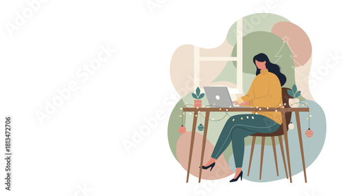 Remote work during the holidays Woman works on a laptop at a festive decorated home desk