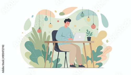Happy man works remotely on a laptop surrounded by lush plants and abstract shapes