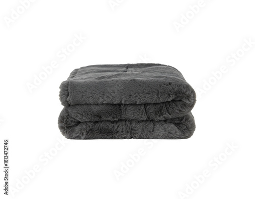  A luxurious gray faux fur blanket folded neatly in a soft, rectangular stack, highlighting the plush texture and silky fur sheen, clean and centered, isolated on a transparent background.