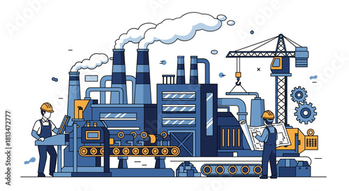 Manufacturing industry scene with workers conveyor belts smokestacks and crane