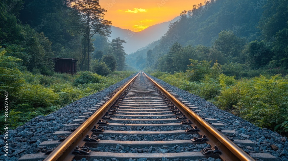Fototapeta premium Sunset over a train track through a valley