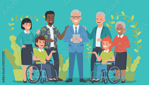 Diverse inclusive group portrait showing teamwork accessibility and community support in a professional setting
