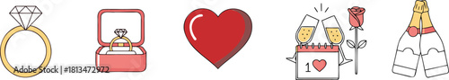 Romantic Valentines Day celebration with diamond ring and champagne vector icon design