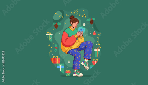 Woman using smartphone surrounded by colorful Christmas gifts and festive decor illustration