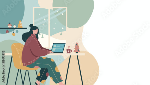 Cozy woman remote working on laptop during winter holidays at home flat vector illustration