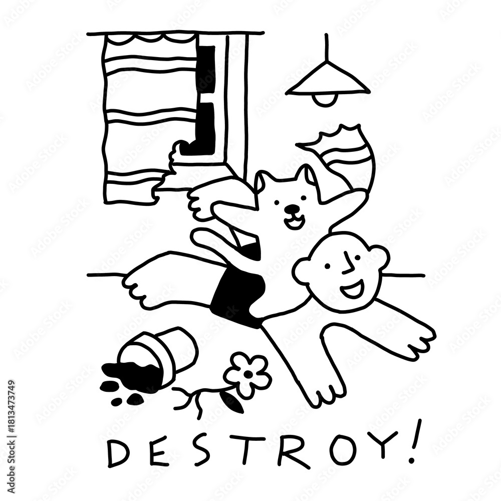 Fototapeta premium Cat and human gleefully destroying house, minimal doodle art