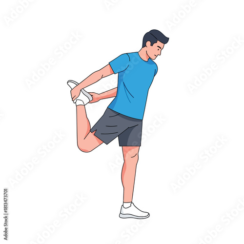 Man in sportswear stretches his quadriceps by holding his foot behind him, preparing for exercise.