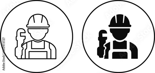 Construction worker icon set builder plumber painter welder engineer maintenance labor character vector pack, black and white and solid professional industry tool avatar symbols for service and repair