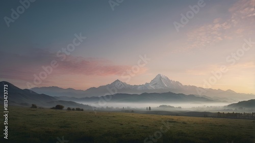 Majestic Snow Mountain Landscape at Sunrise with Misty Valley