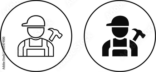 Construction worker icon set builder plumber painter welder engineer maintenance labor character vector pack, black and white and solid professional industry tool avatar symbols for service and repair