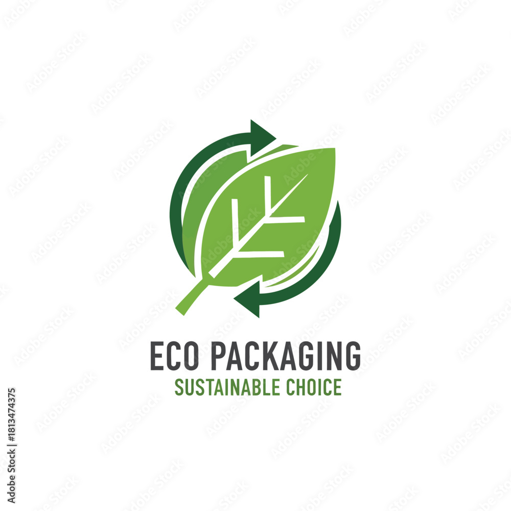 Fototapeta premium A green leaf inside a recycling symbol, representing eco-friendly packaging.