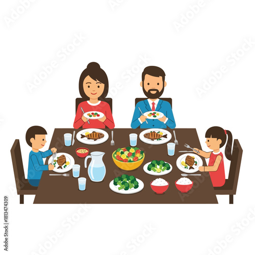 A family is enjoying a meal together at a dining table, eating food.