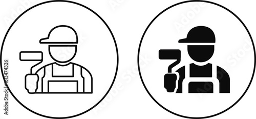 Construction worker icon set builder plumber painter welder engineer maintenance labor character vector pack, black and white and solid professional industry tool avatar symbols for service and repair