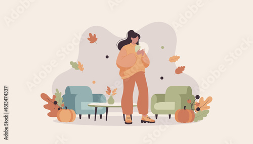 Woman using smartphone in cozy autumn setting with pumpkins and comfortable chairs