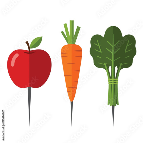 Vector illustration of an apple, carrot, and spinach bundle, all on skewers.