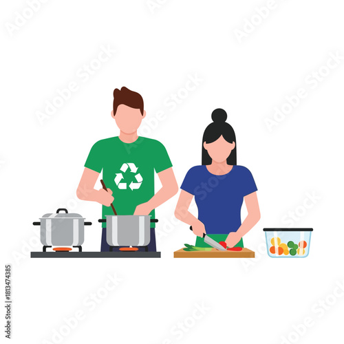 A couple cooks a meal together, preparing food on a stovetop.