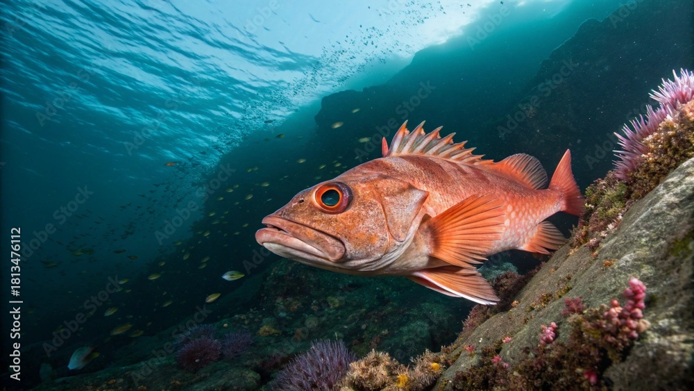 Naklejka premium A reddish-orange Ocean Perch (Sebastes sp.) hovering near a sponge-covered rocky reef in its deep cold-water environment.