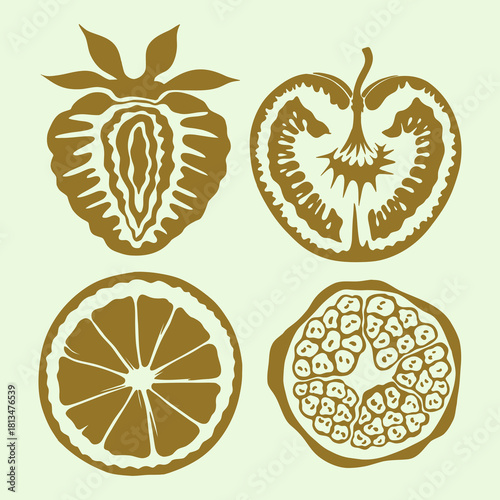 Fresh Fruit half slice cut out clip art vector medley of sliced fruit showcases a strawberry, apple, orange and pomegranate, each halved to reveal their colorful interiors and intricate details.